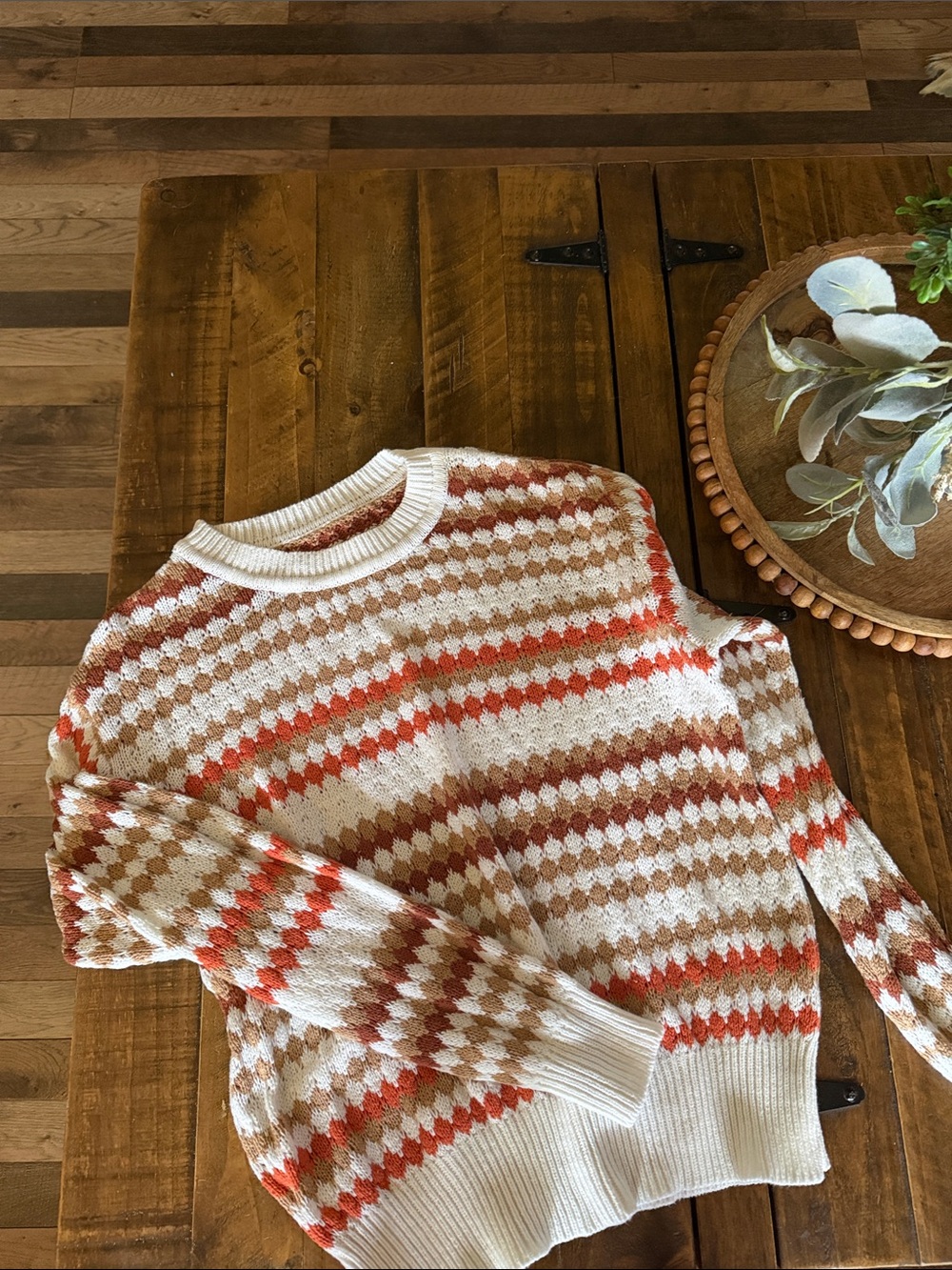 Women's Cream and Brown Patterned Crewneck Sweater with Coral Accents